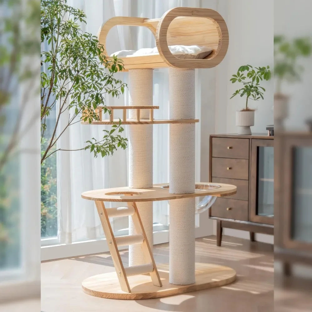 Modern Pine Wood Cat Tower with Bed & Play Area