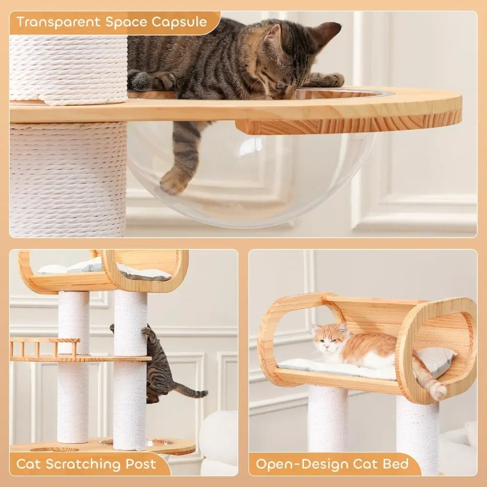 Modern Pine Wood Cat Tower with Bed & Play Area