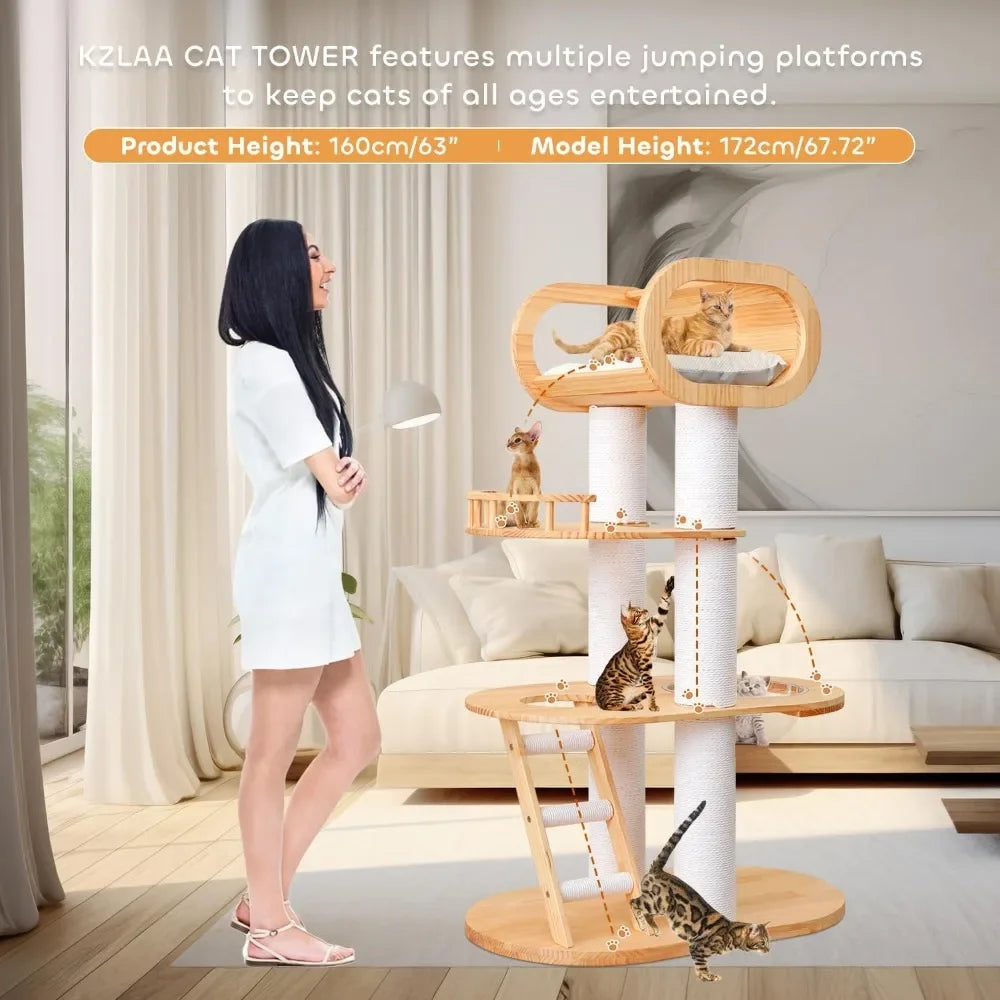 Modern Pine Wood Cat Tower with Bed & Play Area