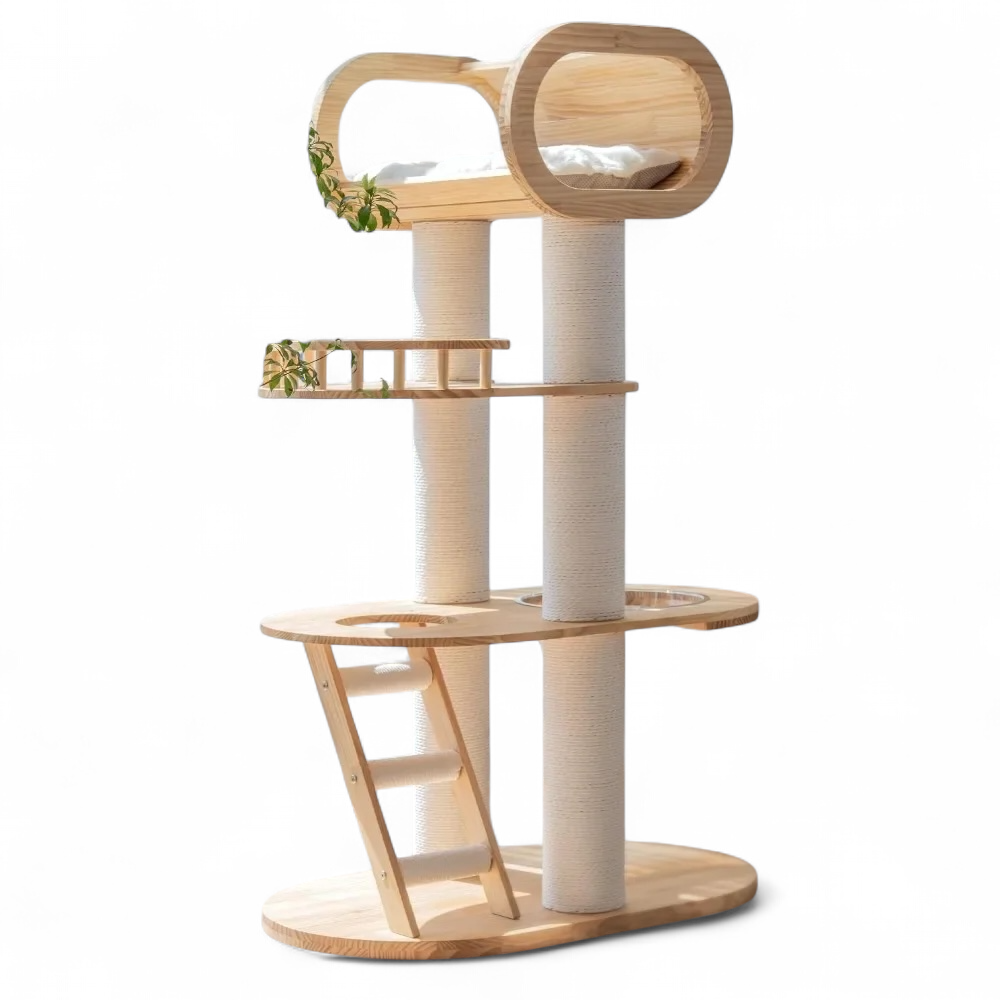 Modern Pine Wood Cat Tower with Bed & Play Area