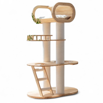 Modern Pine Wood Cat Tower with Bed & Play Area