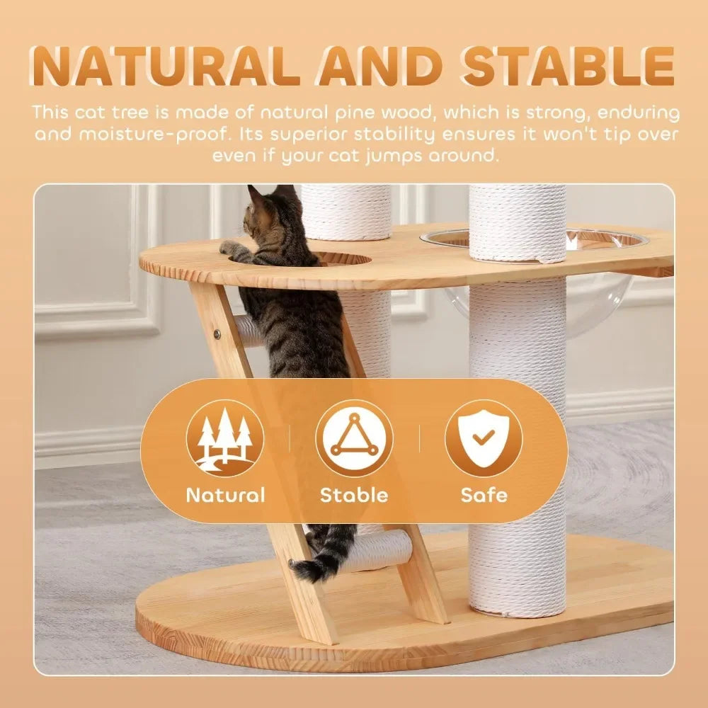 Modern Pine Wood Cat Tower with Bed & Play Area