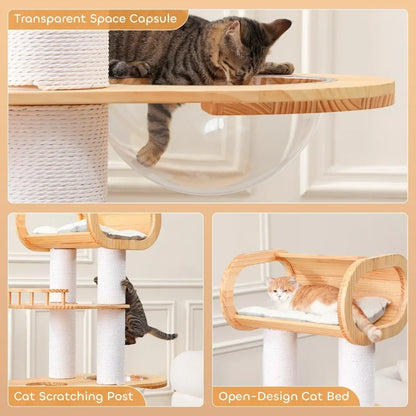 Modern Pine Wood Cat Tower with Bed & Play Area